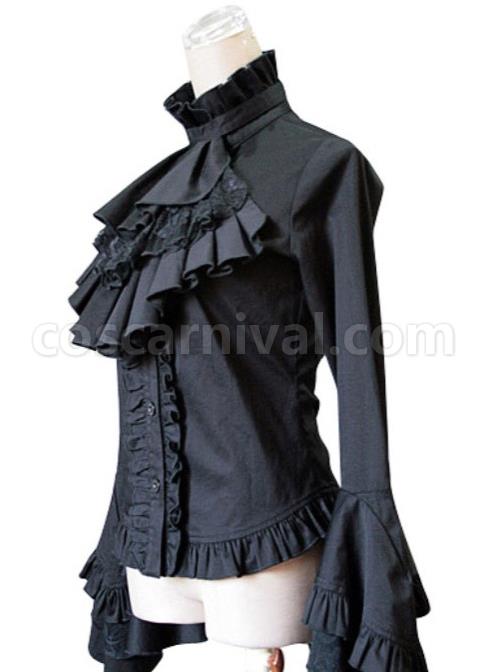 White Trumpet Sleeves Flounced Collar Slim Black Lace Gothic Lolita Shirt coscarnival