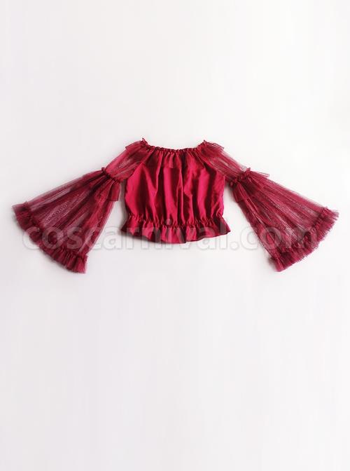 Wine Red Big Collar Off The Shoulder Polyester Lace Big Cuff Design Classic Lolita Long Sleeve Shirt coscarnival