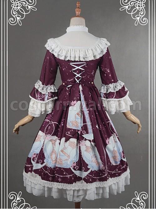 Wine-Red-Lovely-Stand-up-Collar-Detachable-Cuff-Aquarius-Printed-Dress-coscarnival-4077