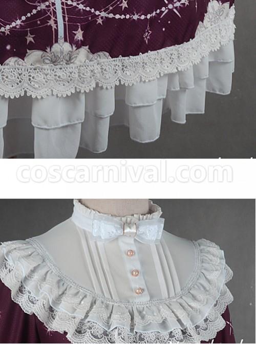 Wine-Red-Lovely-Stand-up-Collar-Detachable-Cuff-Aquarius-Printed-Dress-coscarnival-4079