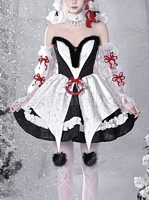 Winter Carol Series Gothic Christmas Plush V-Neck Tube Top Design Sharp Corner Hem Plush Ball Decoration Gothic Lolita Sleeveless Dress Set coscarnival