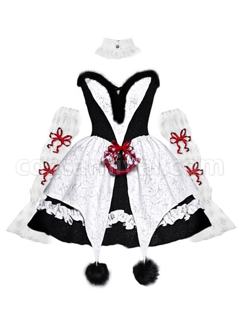 Winter Carol Series Gothic Christmas Plush V-Neck Tube Top Design Sharp Corner Hem Plush Ball Decoration Gothic Lolita Sleeveless Dress Set coscarnival