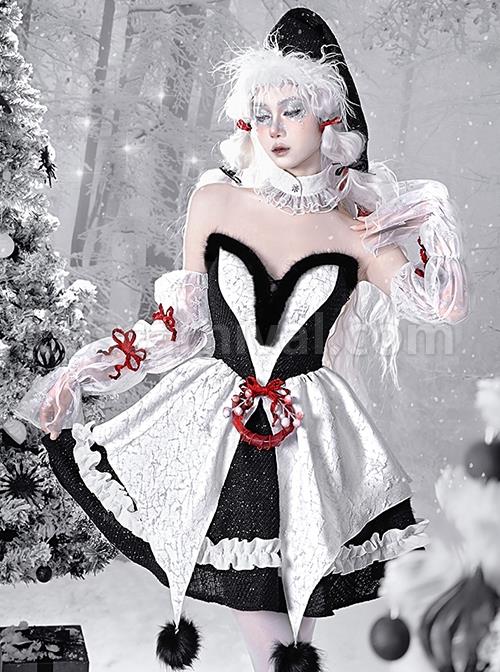 Winter Carol Series Gothic Christmas Plush V-Neck Tube Top Design Sharp Corner Hem Plush Ball Decoration Gothic Lolita Sleeveless Dress Set coscarnival
