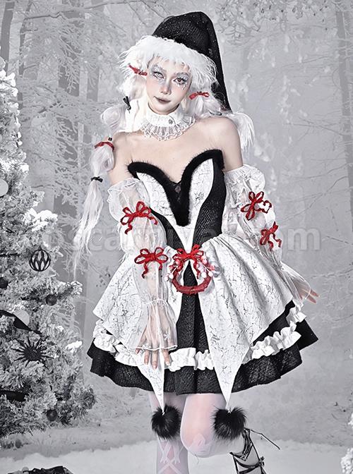 Winter Carol Series Gothic Christmas Plush V-Neck Tube Top Design Sharp Corner Hem Plush Ball Decoration Gothic Lolita Sleeveless Dress Set coscarnival