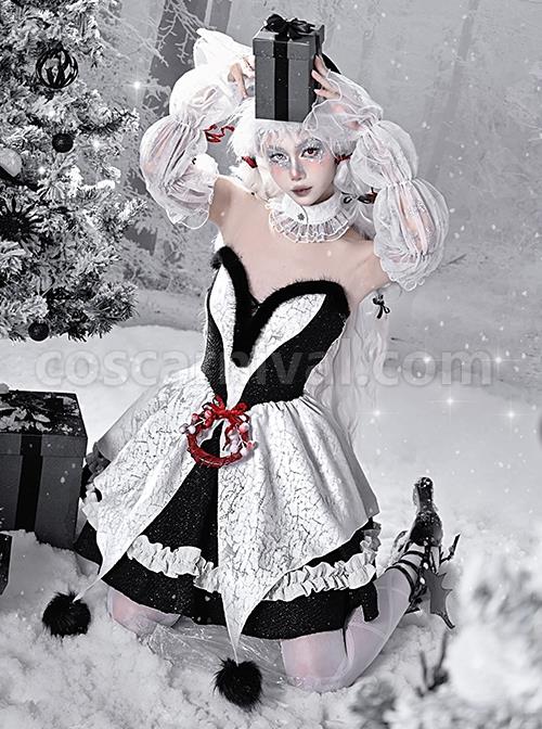 Winter Carol Series Gothic Christmas Plush V-Neck Tube Top Design Sharp Corner Hem Plush Ball Decoration Gothic Lolita Sleeveless Dress Set coscarnival