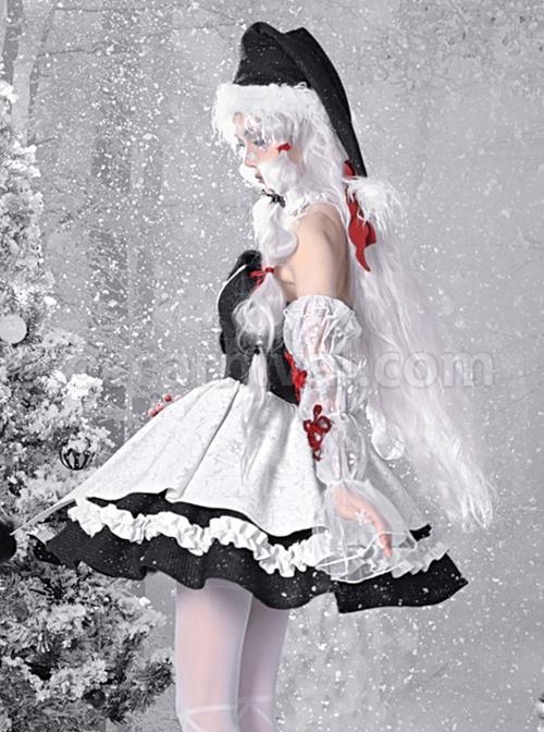 Winter Carol Series Gothic Christmas Plush V-Neck Tube Top Design Sharp Corner Hem Plush Ball Decoration Gothic Lolita Sleeveless Dress Set coscarnival