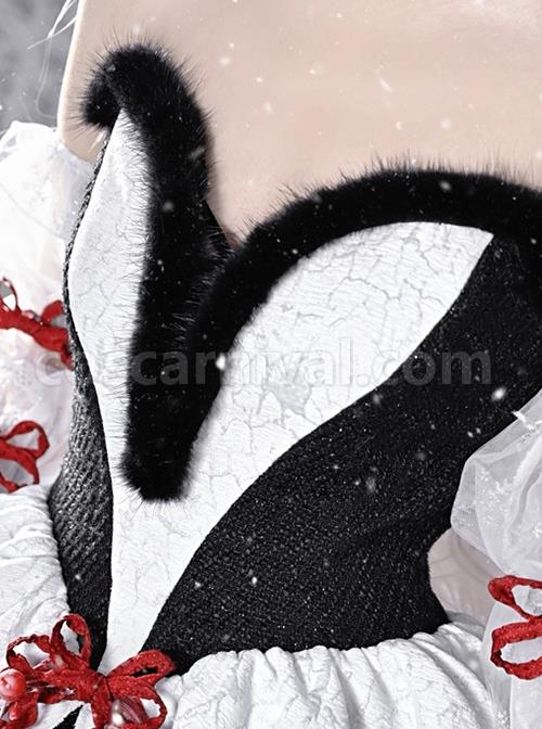 Winter Carol Series Gothic Christmas Plush V-Neck Tube Top Design Sharp Corner Hem Plush Ball Decoration Gothic Lolita Sleeveless Dress Set coscarnival