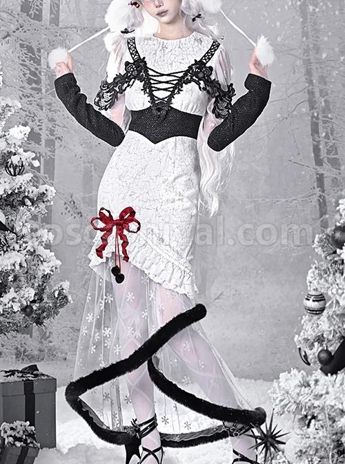 Winter Carol Series Jacquard Fabric Snowflake Printing Black Plush Decoration Transparent Fishtail Skirt Hem Gothic Lolita Long-Sleeved Dress coscarnival