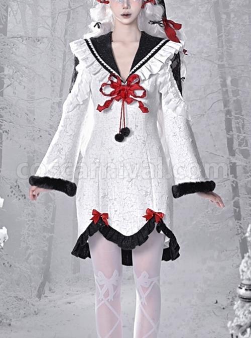 Winter Carol Series Retro V-Shaped Large Lapel Shoulder Lace See-Through Sexy Bell Sleeve Gothic Lolita Long-Sleeved Dress coscarnival