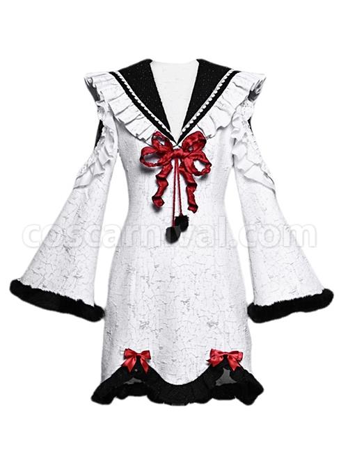 Winter Carol Series Retro V-Shaped Large Lapel Shoulder Lace See-Through Sexy Bell Sleeve Gothic Lolita Long-Sleeved Dress coscarnival