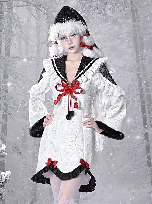 Winter Carol Series Retro V-Shaped Large Lapel Shoulder Lace See-Through Sexy Bell Sleeve Gothic Lolita Long-Sleeved Dress coscarnival