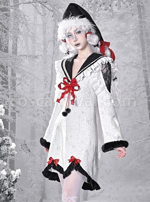 Winter Carol Series Retro V-Shaped Large Lapel Shoulder Lace See-Through Sexy Bell Sleeve Gothic Lolita Long-Sleeved Dress coscarnival