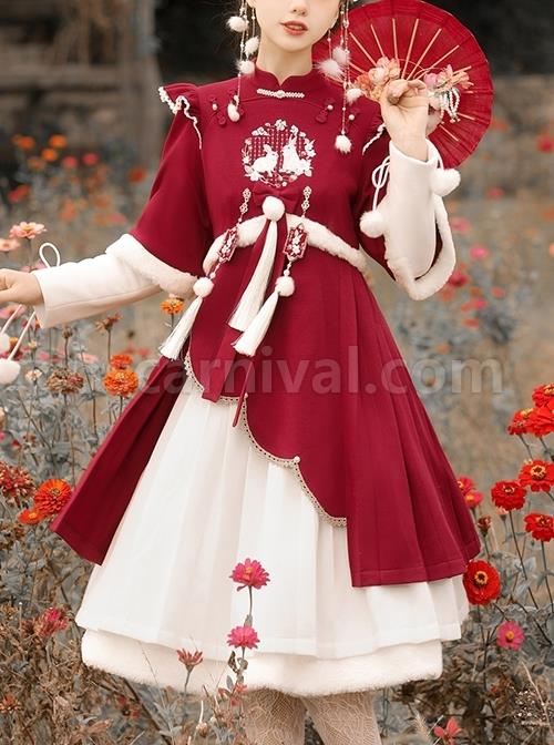Winter-Strawberry-Rabbit-Series-Chinese-Style-Improved-Embroidery-Tassel-Autumn-Winter-White-Skirt-Classic-Lolita-Long-Sleeved-Dress-Set-coscarnival-1857