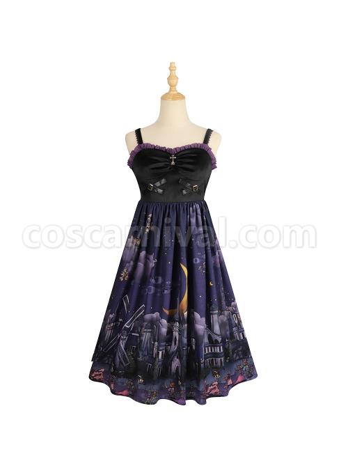 Witch Small Town Series JSK Design 2 Halloween Black Retro Gothic Lolita Sling Dress coscarnival