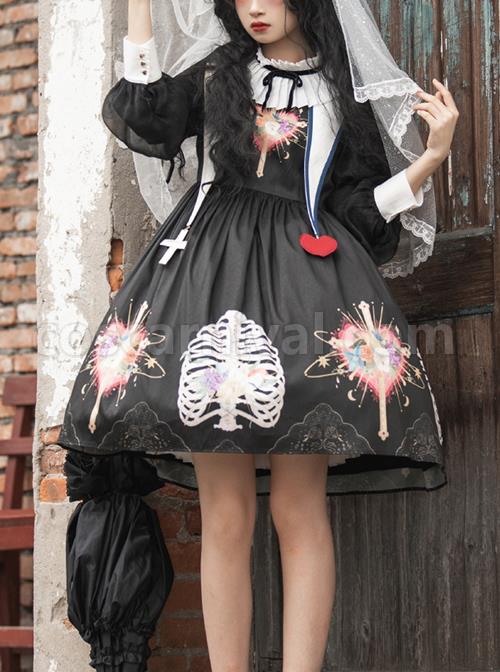 Withered Bone Flower Print Two Tone Removable Fake Collar Design Crucifix Love Decoration Lantern Sleeve Halloween Gothic Lolita Long Sleeve Dress coscarnival