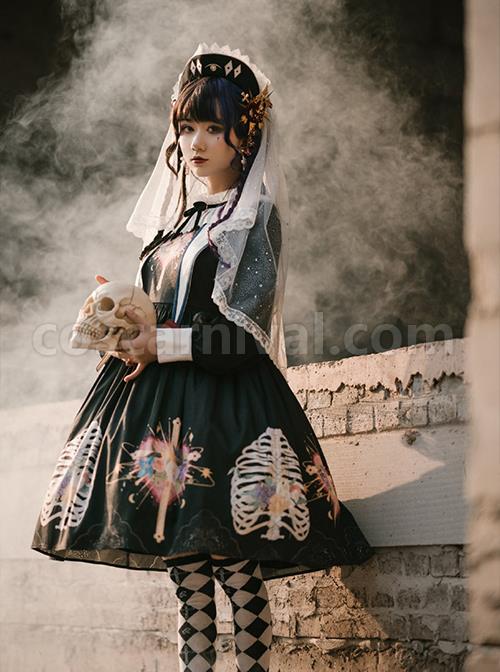 Withered Bone Flower Print Two Tone Removable Fake Collar Design Crucifix Love Decoration Lantern Sleeve Halloween Gothic Lolita Long Sleeve Dress coscarnival