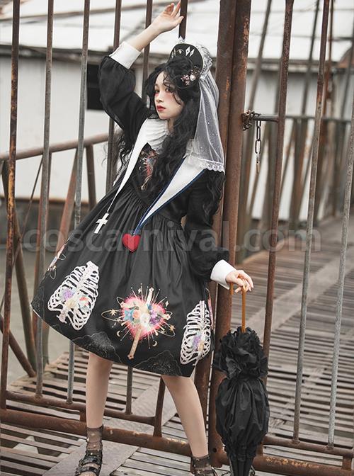 Withered Bone Flower Print Two Tone Removable Fake Collar Design Crucifix Love Decoration Lantern Sleeve Halloween Gothic Lolita Long Sleeve Dress coscarnival