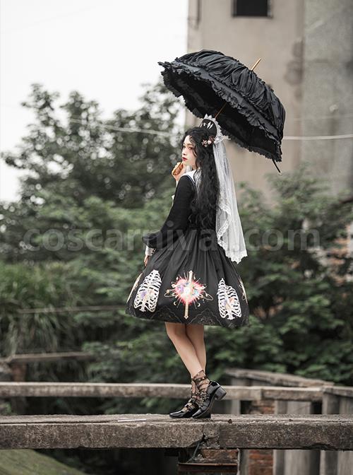 Withered Bone Flower Print Two Tone Removable Fake Collar Design Crucifix Love Decoration Lantern Sleeve Halloween Gothic Lolita Long Sleeve Dress coscarnival