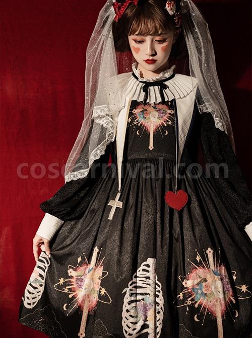 Withered Bone Flower Print Two Tone Removable Fake Collar Design Crucifix Love Decoration Lantern Sleeve Halloween Gothic Lolita Long Sleeve Dress coscarnival