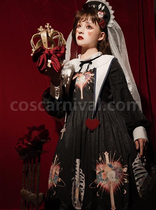 Withered Bone Flower Print Two Tone Removable Fake Collar Design Crucifix Love Decoration Lantern Sleeve Halloween Gothic Lolita Long Sleeve Dress coscarnival