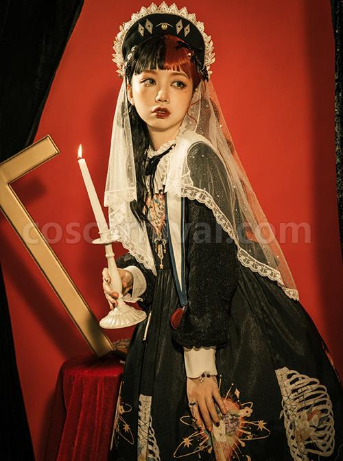 Withered Bone Flower Print Two Tone Removable Fake Collar Design Crucifix Love Decoration Lantern Sleeve Halloween Gothic Lolita Long Sleeve Dress coscarnival