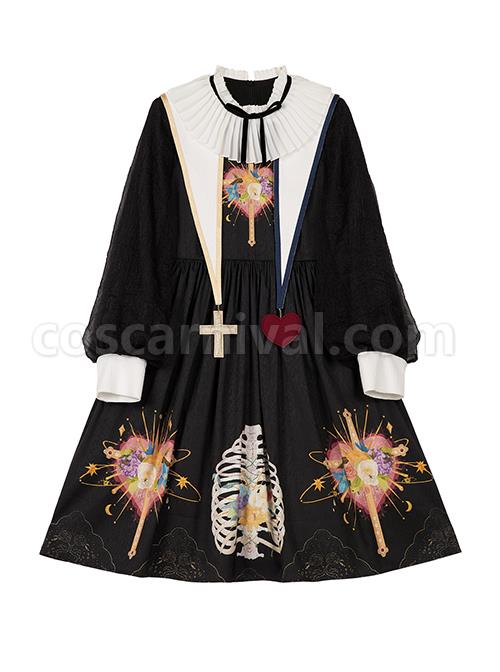 Withered Bone Flower Print Two Tone Removable Fake Collar Design Crucifix Love Decoration Lantern Sleeve Halloween Gothic Lolita Long Sleeve Dress coscarnival