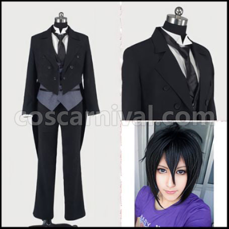 Black Butler Sebastian Butler Outfit Premium Costume + Wig 2 Piece Set coscarnival - Front View