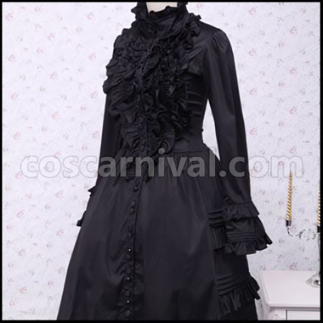 Lolita Ladies Classic Black Long Sleeve Lace-up Ribbon Frill Dress Gothic Lolita coscarnival - Collar Design