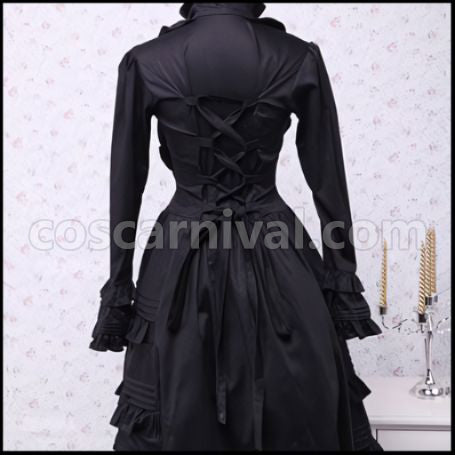 Lolita Ladies Classic Black Long Sleeve Lace-up Ribbon Frill Dress Gothic Lolita coscarnival - Cuff Style