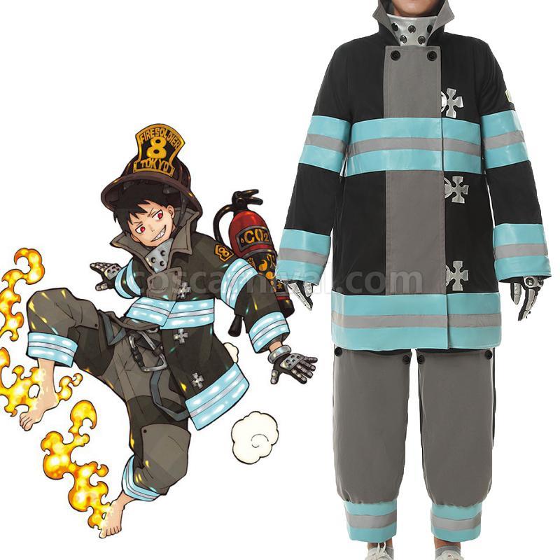 Fire Force Kusakabe Shinra And Hat Gloves Cosplay Costume, front view