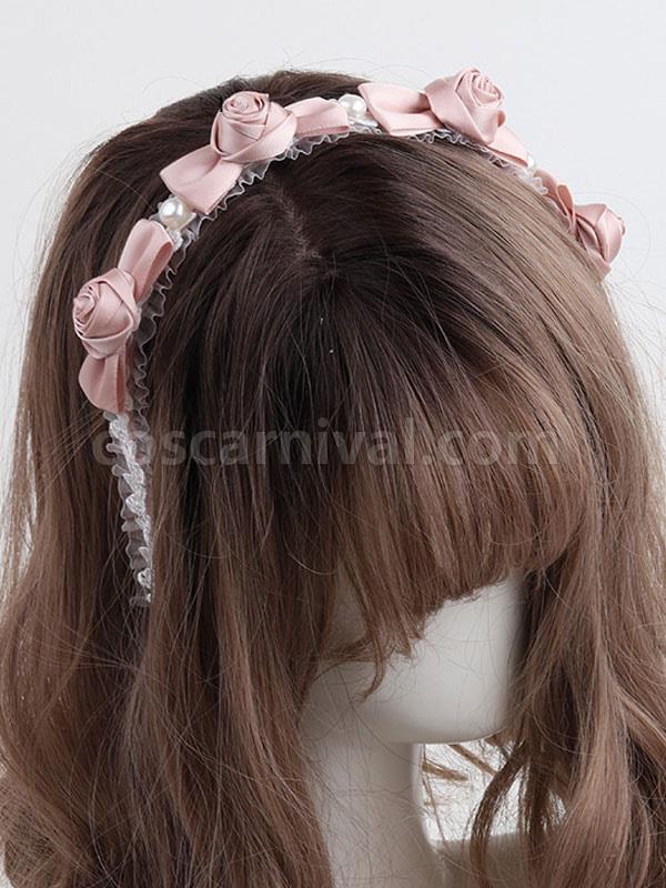 Sweet Lolita Headdress Pink Polyester Fiber Rose?Pearls?Lace Rose Pattern?Lace Headwear Lolita Hair Accessories