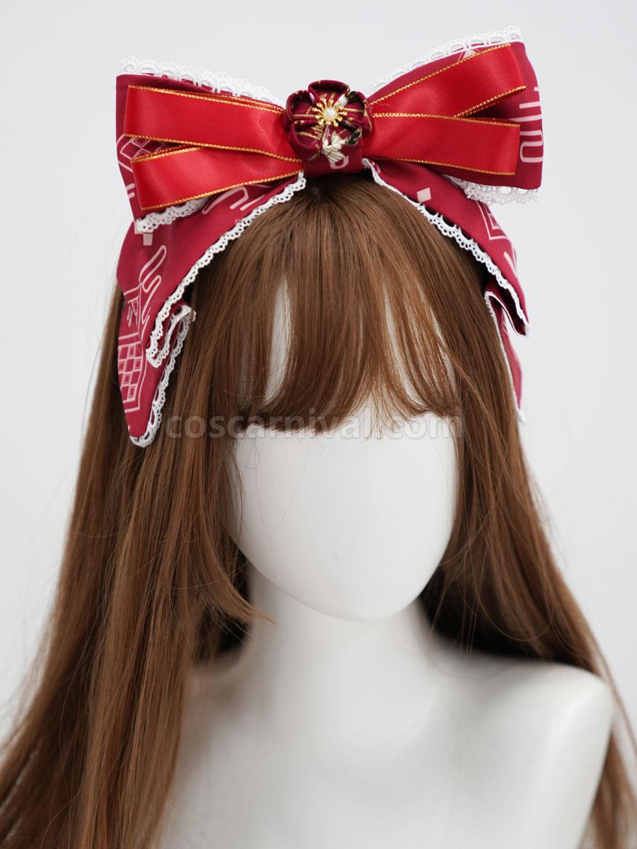 Chinese Style Lolita Headdress Red Lace Polyester Fiber Accessory Flowers Lolita Headband coscarnival