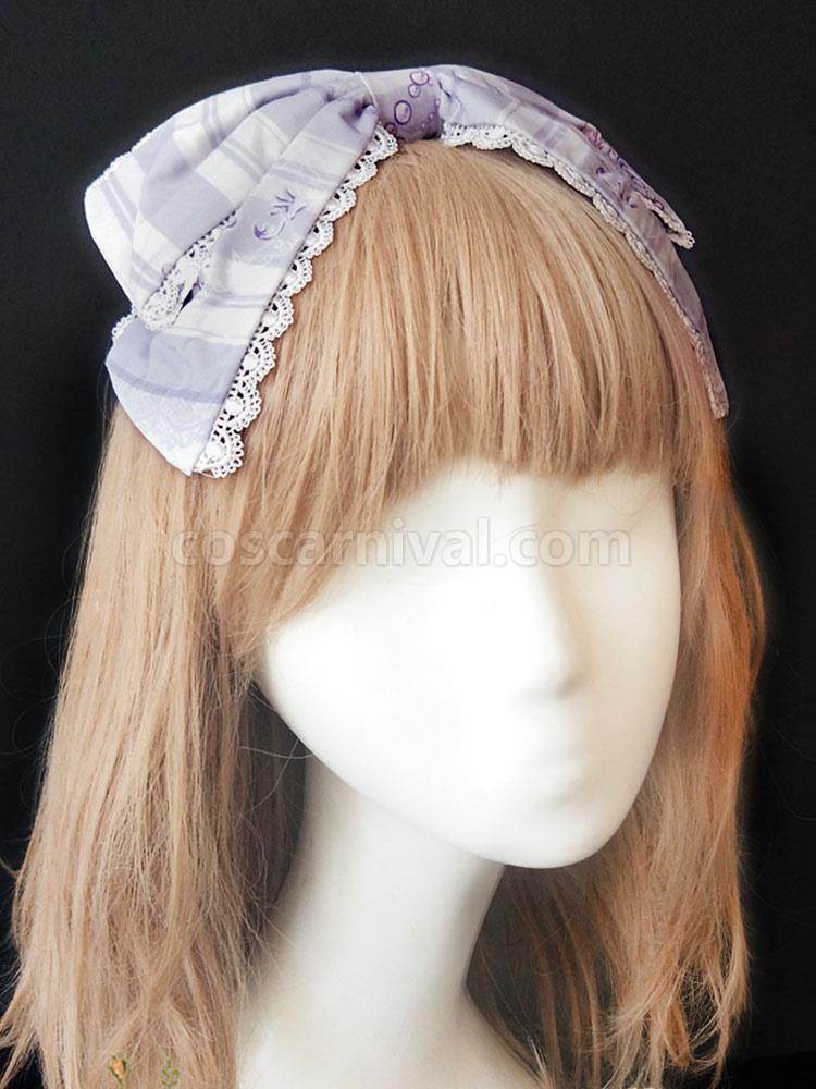 Sweet Lolita Headdress Infanta Maiden Room Lace Trim Bow Print Lolita Hair Accessory coscarnival