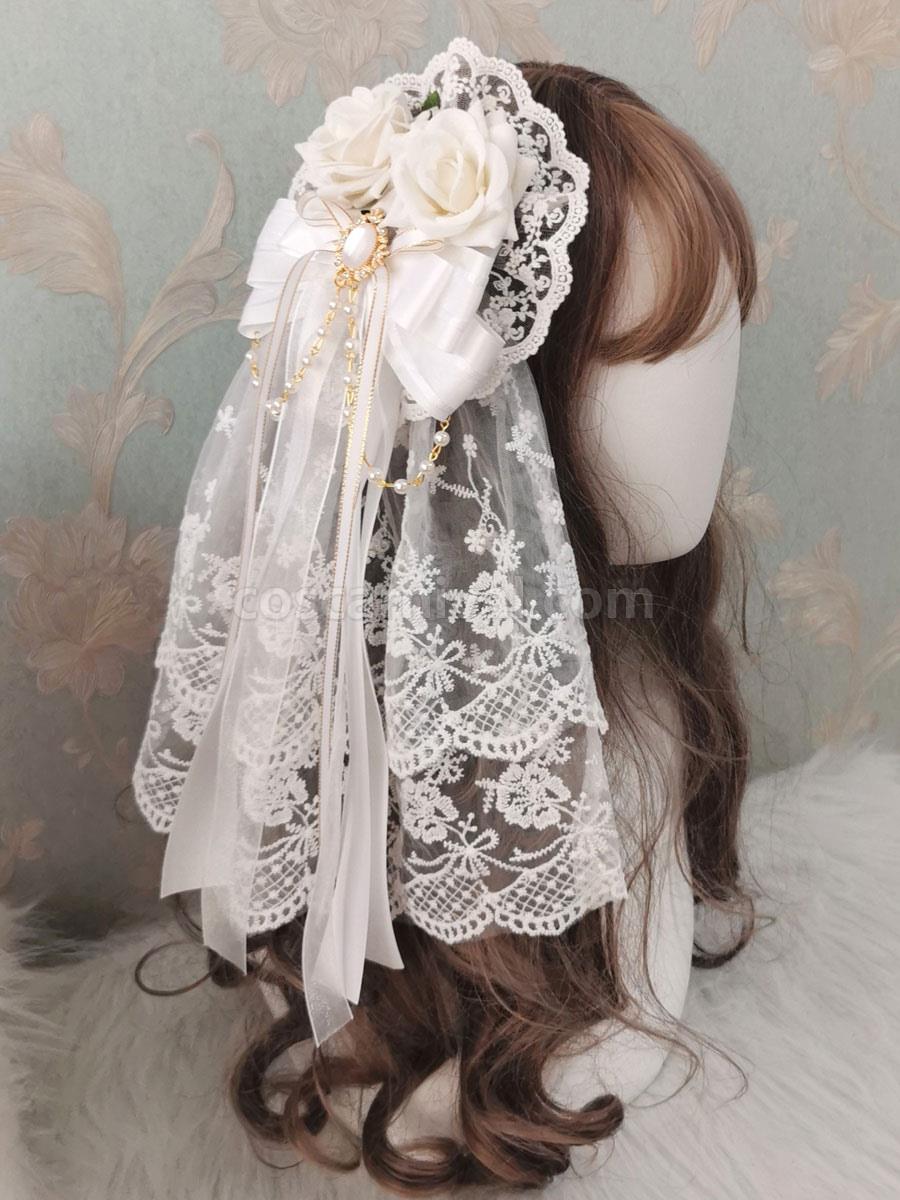 Sweet Lolita Headdress White Polyester Headwear Lace?Pearls?Bows Lolita Hair Accessories coscarnival