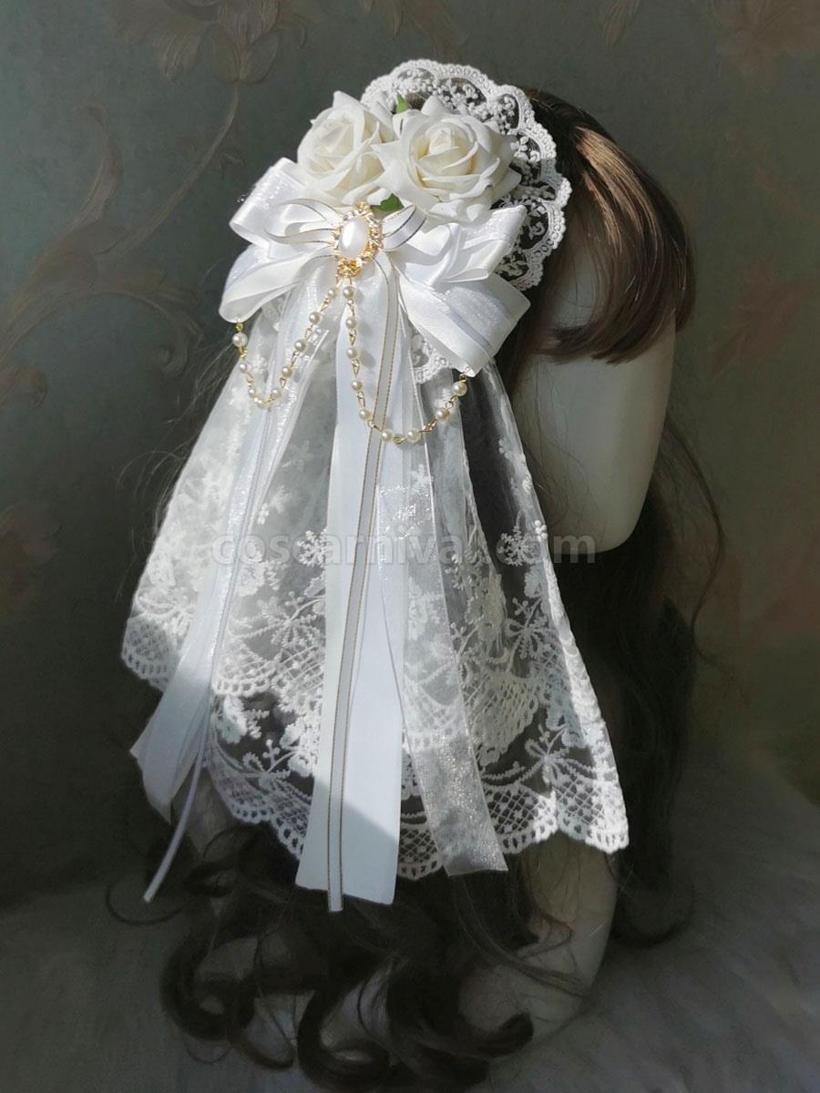 Sweet Lolita Headdress White Polyester Headwear Lace?Pearls?Bows Lolita Hair Accessories coscarnival