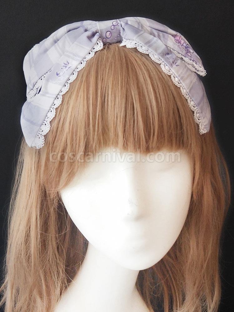 Sweet Lolita Headdress Infanta Maiden Room Lace Trim Bow Print Lolita Hair Accessory coscarnival