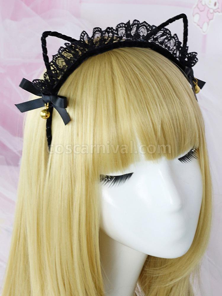 Sweet Lolita Hair Clip Cat Ears Lace Bell Bow Black Lolita Headdress coscarnival