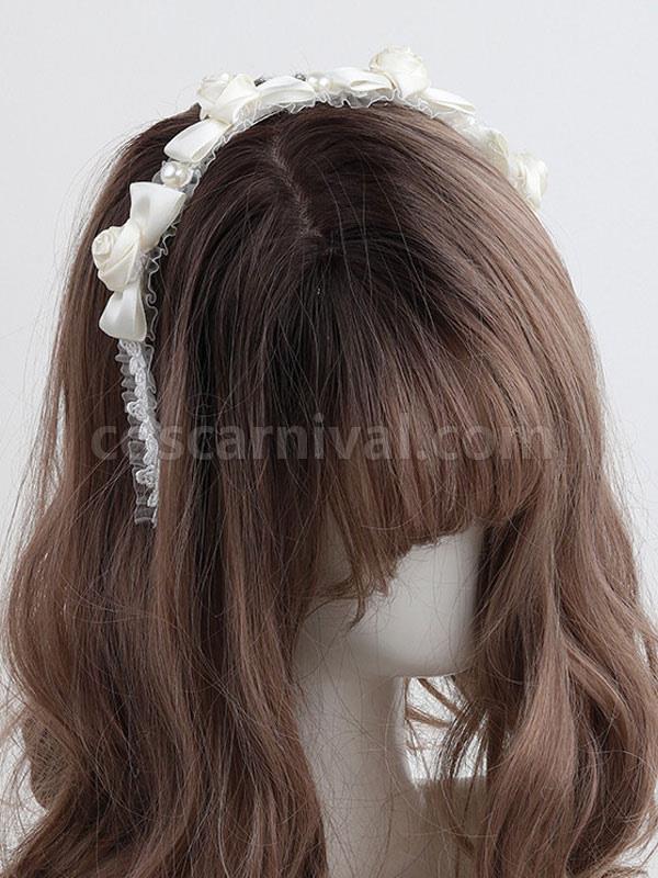 Sweet Lolita Headdress Pink Polyester Fiber Rose?Pearls?Lace Rose Pattern?Lace Headwear Lolita Hair Accessories coscarnival