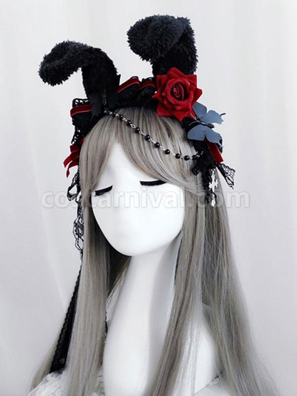 Black Lolita Headdress Polyester Fiber Chains?Lace?Bows Lace?Bow Rabbit Ears Lolita Headband coscarnival