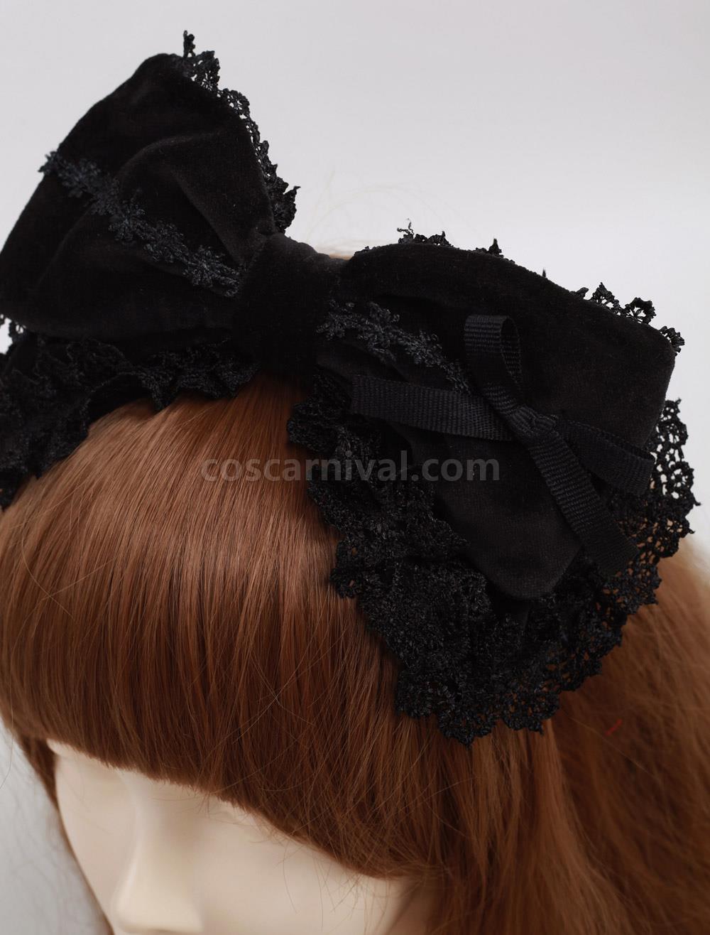 ブラック コットン ロリータ ヘッドボウ レース トリム レース リボン cocarnival