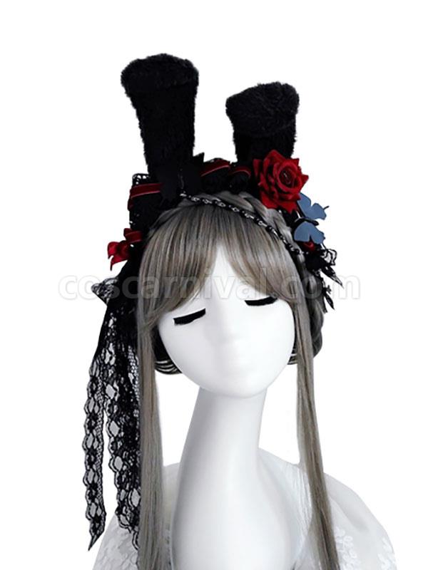 Black Lolita Headdress Polyester Fiber Chains?Lace?Bows Lace?Bow Rabbit Ears Lolita Headband coscarnival