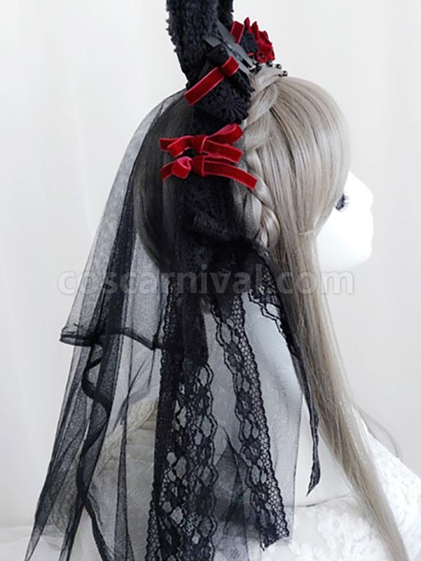 Black Lolita Headdress Polyester Fiber Chains?Lace?Bows Lace?Bow Rabbit Ears Lolita Headband coscarnival