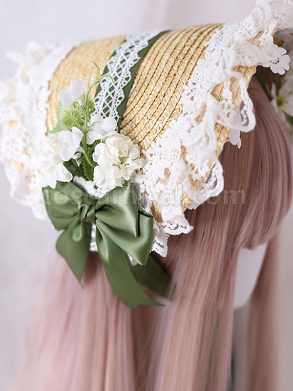 Sweet Lolita Bonnet Lace Bow Flowers Lolita Hat coscarnival