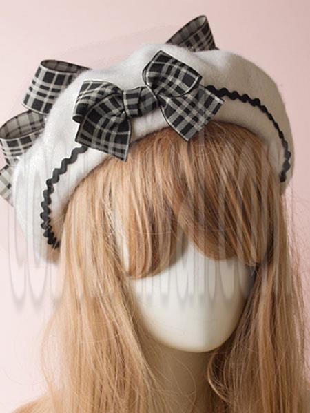 Classic Lolita Beret Plaid Bow Wool Burgundy Lolita Bowler Hat coscarnival