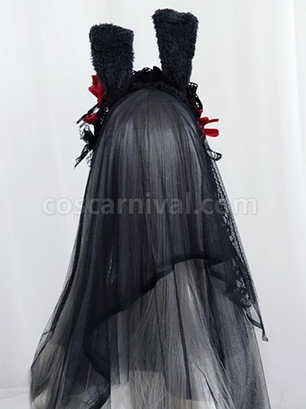 Black Lolita Headdress Polyester Fiber Chains?Lace?Bows Lace?Bow Rabbit Ears Lolita Headband coscarnival