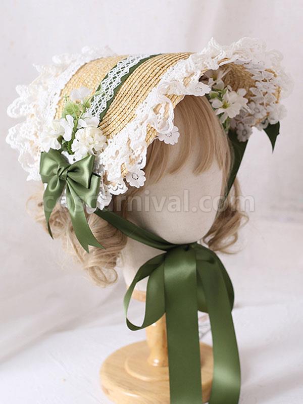 Sweet Lolita Bonnet Lace Bow Flowers Lolita Hat coscarnival