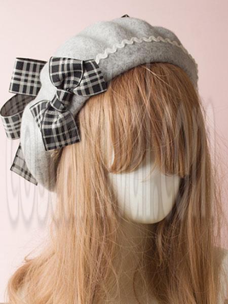 Classic Lolita Beret Plaid Bow Wool Burgundy Lolita Bowler Hat coscarnival