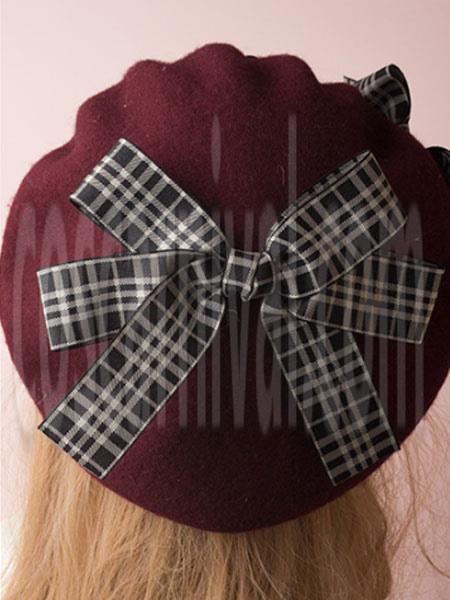 Classic Lolita Beret Plaid Bow Wool Burgundy Lolita Bowler Hat coscarnival