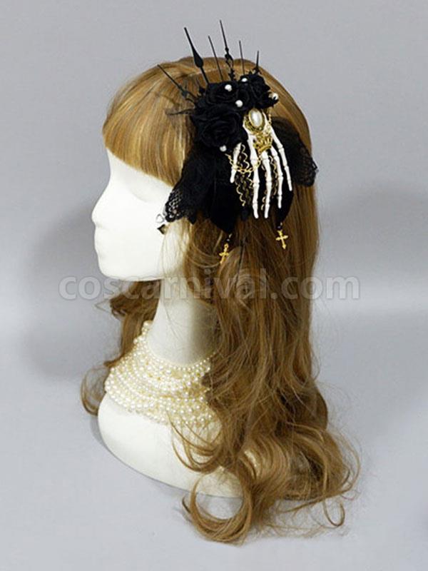 Gothic Lolita Headwear Black Skeleton Hand Bone Chains Lace Lolita Hair Accessories coscarnival