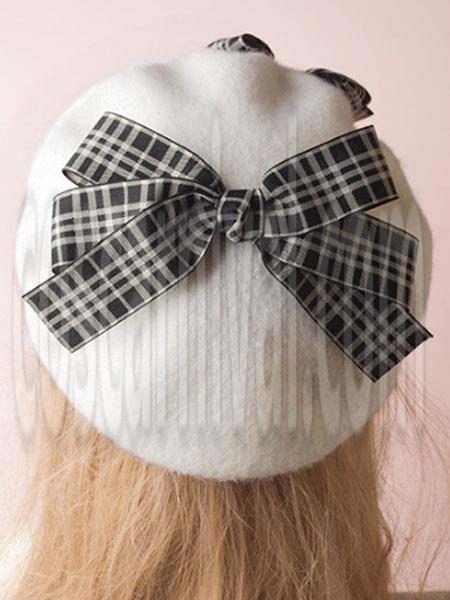 Classic Lolita Beret Plaid Bow Wool Burgundy Lolita Bowler Hat coscarnival